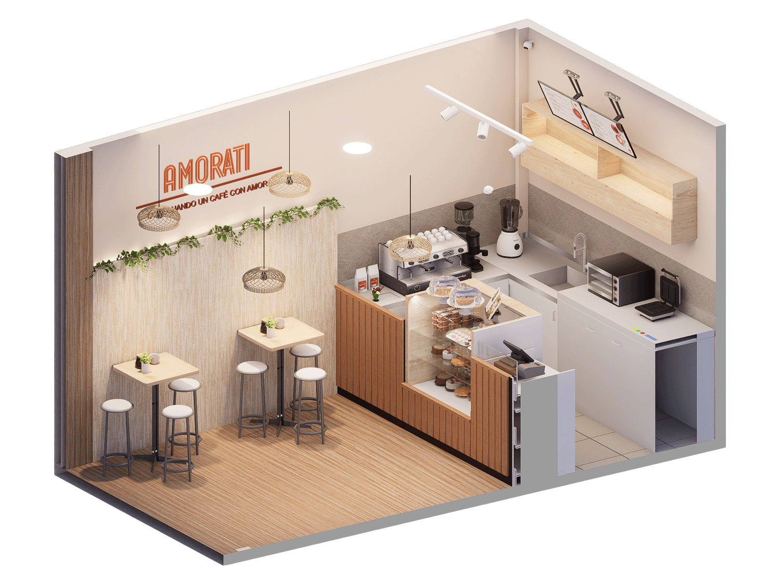 Diseño café Amorati – render. Render 3D del diseño de un café en local comercial, con barra de madera, vitrina y mesas altas – Lado Beta