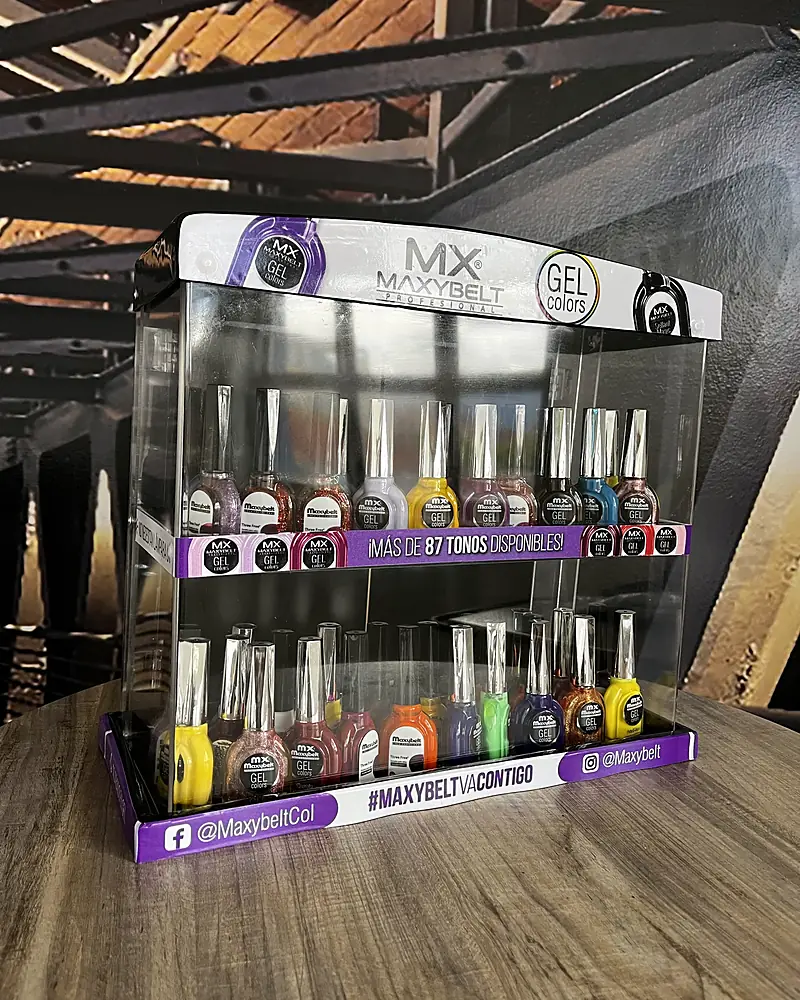 Exhibidor de mostrador en acrílico para esmaltes Maxybelt, fabricado por Lado Beta