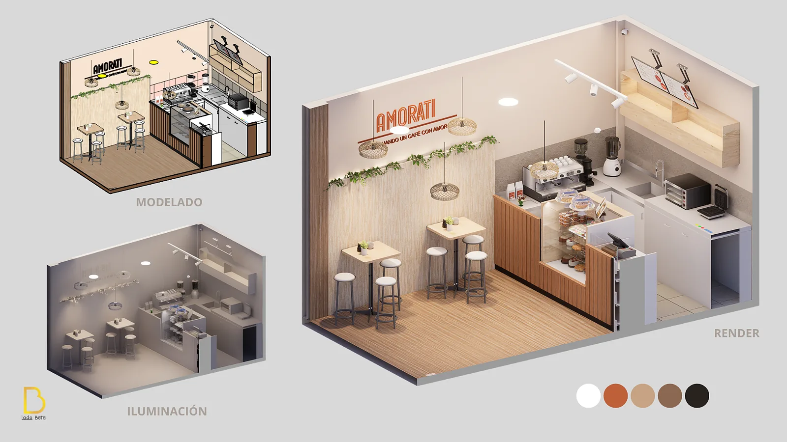 Render de local de café Amorati con barra en madera, por Lado Beta