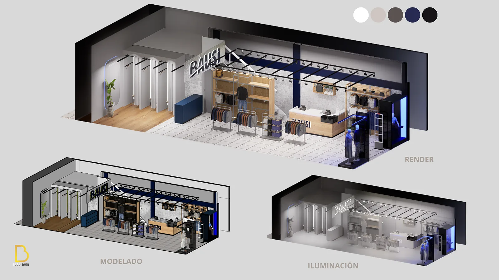 Render de tienda de ropa Bausi con exhibidores en madera y aviso iluminado, por Lado Beta
