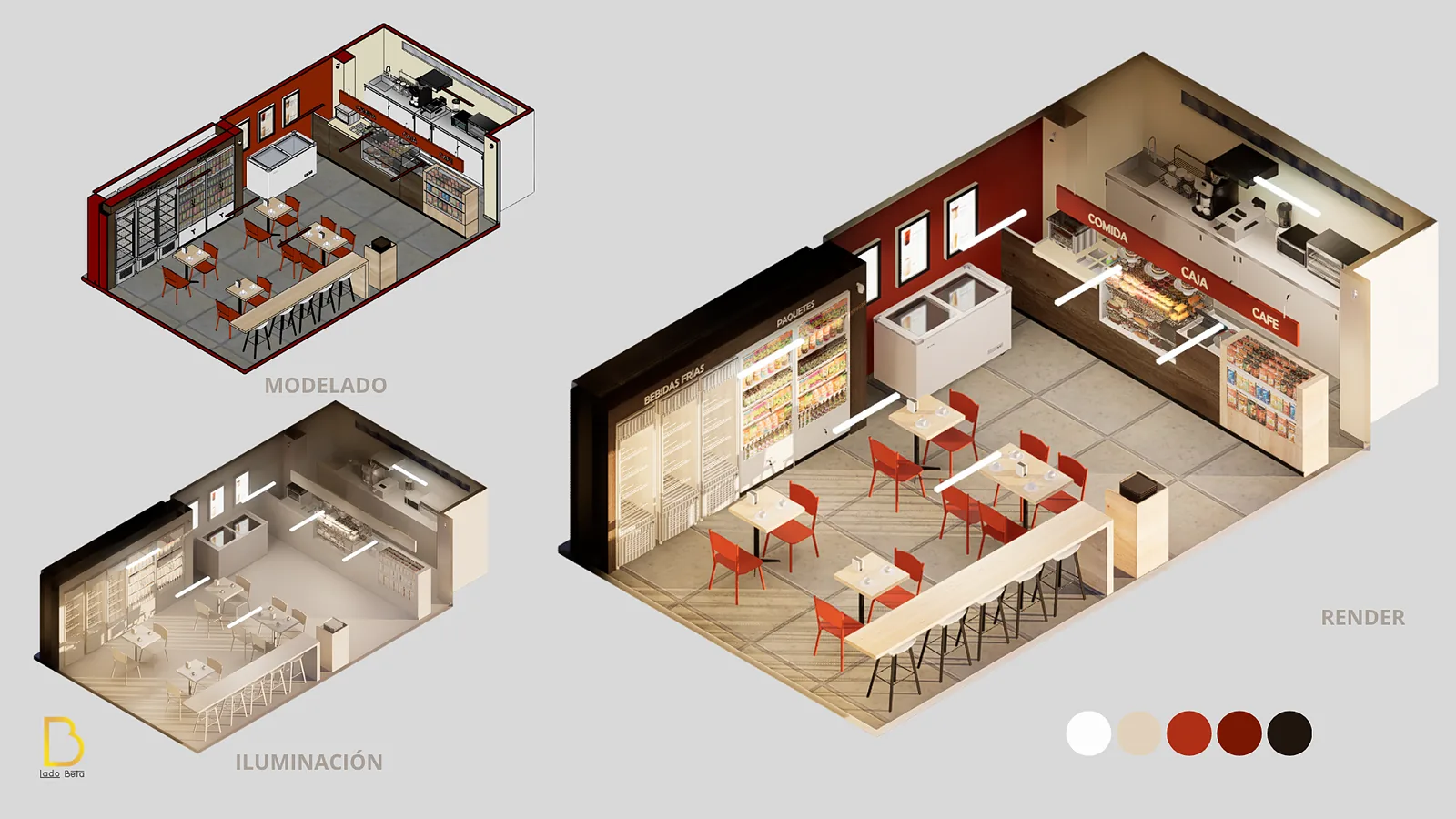 Render de cafetería con barra de comida y neveras de bebidas, por Lado Beta