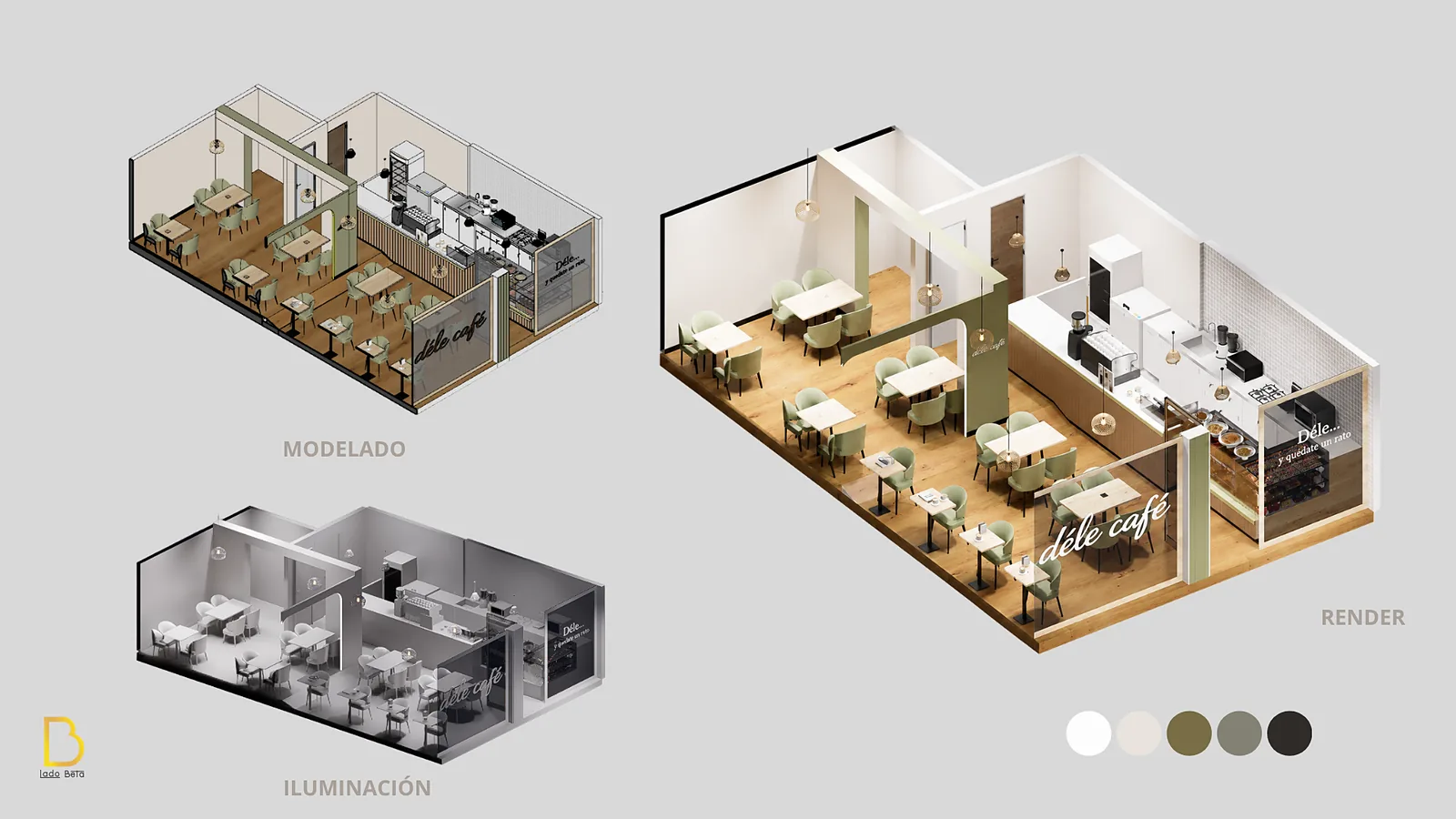 Render de local Déle Café con zona de mesas, por Lado Beta
