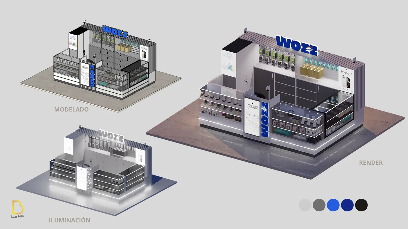 Render de isla comercial Wozz con vitrinas iluminadas, por Lado Beta