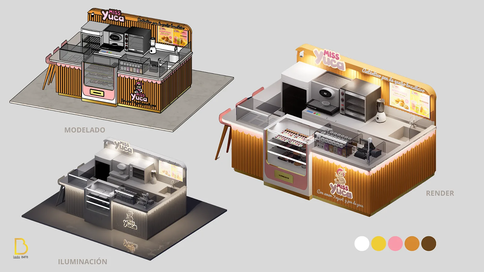Render de isla comercial Miss Yuca con vitrina y aviso iluminado, por Lado Beta